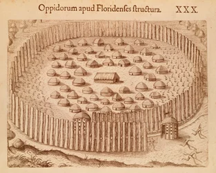 Einheimisches Dorf in Florida, Illustration aus The Discourse of Florida von Theodore de Bry