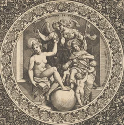 Szene mit Misericordia und Veritas in einem Kreis in der Mitte, 1580-1600