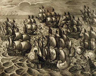 Spanische Armada unter dem Kommando von Rodrigo Mendoza, Stich von Theodore de Bry, aus History of America von Theodore de Bry, Spanien, 1602