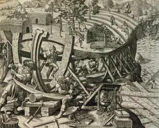 Spanische Seeleute bauen eine Karavelle, Gravur aus Historia Americae, von Theodor de Bry