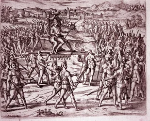Der Inka-König Atahualpa (oder Atabaliba), der ein Zepter in Form einer Sonne hält, wird auf einer Sänfte getragen, um Francisco Pizarro zu treffen (Gravur)