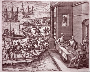 Die spanischen Konquistadoren Francisco Pizarro, Diego de Almagro und Hernando de Luque vereinten ihre Kräfte, um Peru zu erobern (Gravur)