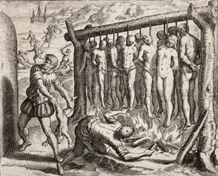 Dreizehn gehängte und verbrannte Opfer, Darstellung der von spanischen Siedlern an Indianern verübten Verbrechen aus 