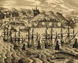 Ansicht des Hafens von Acapulco in Mexiko, Stich aus Historia Americae, von Theodor de Bry (1528-1598), Frankfurt