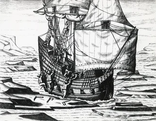 Schiff von William Barents während der dritten niederländischen Expedition auf der Suche nach der Nordostpassage, von Theodor de Bry, Stich