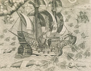 Geflügelter Fisch aus den Meeren der Indes, Illustration aus der amerikanischen Geschichte von Theodore de Bry