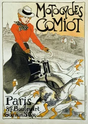 Werbeplakat für Comiot-Motorräder. Eine junge Frau auf einem Moped fährt zwischen einer Gruppe von Gänsen. Plakat von Theophile Alexandre Steinlen (1859-1923). 1899. Paris, dekorative Künste