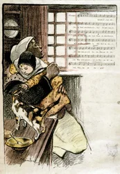 Kind in den Armen einer Frau, die mit einer Katze spielt, Illustration von Steinlen für Notenblatt, 19. Jahrhundert