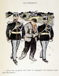 Die Elenden: Ob wir auf dem Land töten oder stehlen, wir sind immer in Schwierigkeiten... (Ein Vagabund umgeben von 2 Gendarmen) - in „Im Leben“, von Steinlen 1901