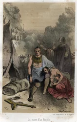 Die Massaker der Irokesen an den Huronen in Kanada im Jahr 1763 (Pariser Frieden). Stich von 1845 in „Die dramatische und malerische Geschichte der Jesuiten von der Gründung des Ordens bis zur Gegenwart“ von Adolphe Boucher, Zeichnung von Théophile