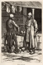 Ein persischer Händler und Maultiermacher in einem Dorf in Armenien, Gravur nach einer Zeichnung des Autors, die die Reise in Lazistan und Armenien von Theophile Deyrolles in 1869 illustriert, veröffentlicht in "Le tour du monde" 1875, herausgegeben von Ed