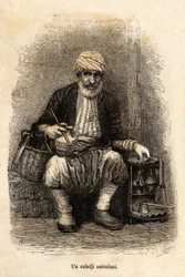 Ein reisender Kaffeeverkäufer (Cafedji) im Basar von Trapezunt (dem heutigen Trabzon an der Schwarzmeerküste), Stich nach einer Zeichnung des Erzählers zur Illustration einer Reise von Théophile Deyrolle nach Lasistan und Armenien im Jahr 1869