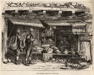 Ein Lebensmittelgeschäft in Erzeroum (Armenien), graviert nach einer Zeichnung des Autors, die die Reise in Lazistan und Armenien von Theophile Deyrolles in 1869 illustriert, veröffentlicht in "Le tour du monde" 1875, herausgegeben von Edouard Charton, Hac