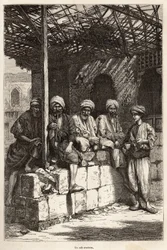 Ein armenisches Café, ein Ort der männlichen Geselligkeit, um Kaffee zu trinken und Pfeife zu rauchen, Gravur nach einer Zeichnung des Autors, die die Reise in Lazistan und Armenien von Theophile Deyrolles in 1869 illustriert, veröffentlicht in "Le tour du