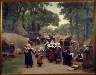 Die Ankunft beim Pardon de Fouesnant. Bretonische Familien in traditioneller Tracht. Gemälde von Theophile Deyrolle (1844-1923) 1892. Brest, Museum der Schönen Künste
