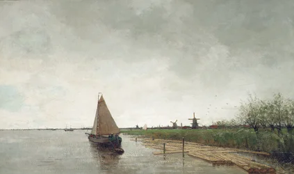 Eine Flusslandschaft mit Schiffen, eine Stadt im Hintergrund