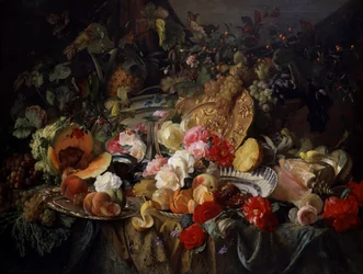 Stillleben mit Rosen und Früchten.