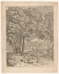 Arkadische Landschaft mit zwei Männern und einer Korb tragenden Frau