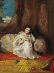 Junges maurisches Mädchen, in einem prächtigen Interieur sitzend, Almée, 1853.