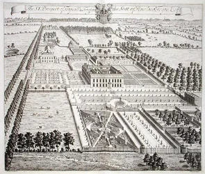 Die Südostansicht von Frogpool, dem Sitz von Rowland Fdyon, aus 