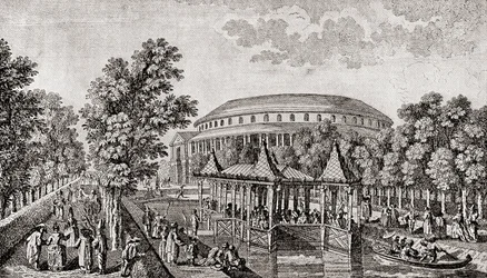 Ranelagh Gardens, Chelsea, London, England. Das Äußere der Rotunde in den Ranelagh Gardens, das "Chinesische Haus" und ein Teil des Geländes, nach dem Stich von Thomas Bowles