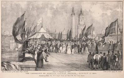 Die Zeremonie der Eröffnung der London Bridge mit der alten London Bridge im Hintergrund