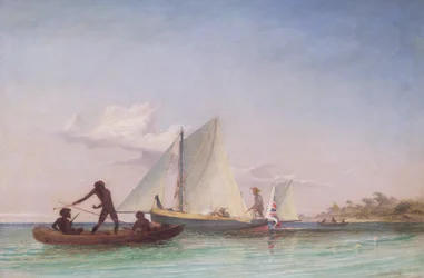 Das Langboot des Boten, angegriffen von Eingeborenen