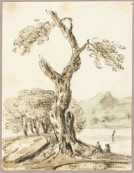 Großer Baum mit See und Bergen im Hintergrund