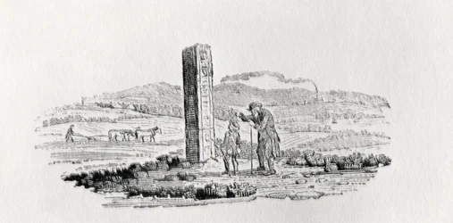 Mann und Junge bei einem Denkmal aus 