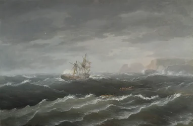 Schiffswrack nahe einer felsigen Küste