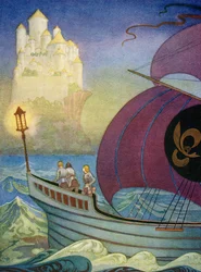Der Ritter Perceval nähert sich Camelot vom Meer aus