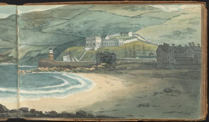 Album mit Landschafts- und Figurenstudien: Ein verlassener, von Moorland umgebener Hafen