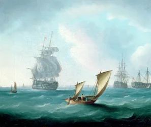 Britische Kriegsschiffe und ein Hulk in einer Dünung, ein Segelboot im Vordergrund