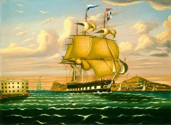 Paketschiff passiert Castle Williams, New Yorker Hafen