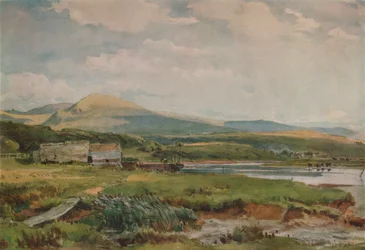 Flusslandschaft mit Hütten, um 1887