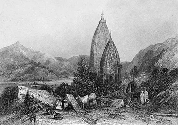 Hindu-Tempel von Mahadeo in den Sivalik-Bergen, Indien, graviert von E. Finden, aus 