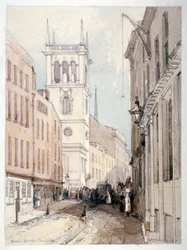 Ansicht der All Hallows Kirche, Gebäude und Figuren in der Bread Street, City of London, 1851