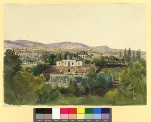 Blick von Döbling auf das Kahlengebirge und die Villa des Freiherrn Johann von Lang (Nußwaldgasse 19 bzw. 22)
