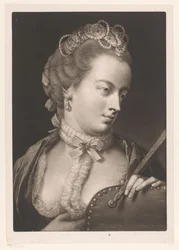 Frau mit Spitzenhalsband, Diadem und Fächer