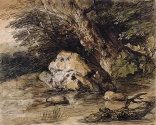 Hügelige Landschaft mit Figuren, die sich einer Brücke nähern, ca. 1763