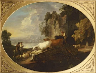 Eine Flusslandschaft mit rustikalen Liebhabern, ein berittener Hirte treibt Rinder und Schafe über eine Brücke mit einer Ruine im Hintergrund