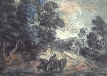 Waldlandschaft mit trinkenden Pferden