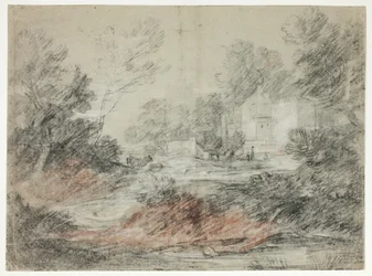 Landschaft mit Gebäuden an einem Bach