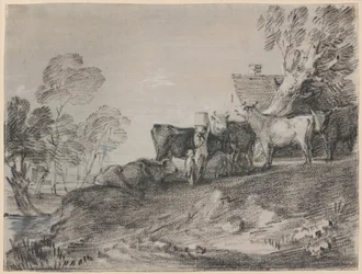 Landschaft mit Vieh bei einem Cottage