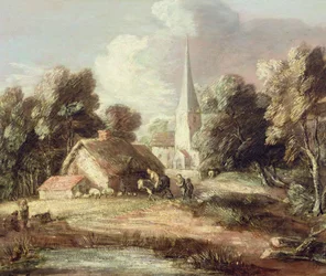 Landschaft mit Kirche, Hütte, Dorfbewohnern und Tieren