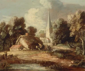 Landschaft mit Hütte und Kirche
