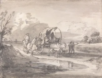 Offene Landschaft mit Reitern und bedecktem Wagen