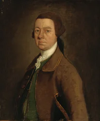 Porträt von Sir Francis Skipwith, Halbfigur, in einem braunen Mantel und grüner Weste mit einem Hut unter dem linken Arm