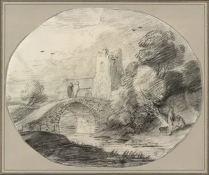 Flusslandschaft mit Brücke und Kirche