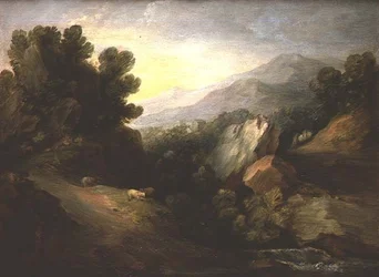 Felsige bewaldete Landschaft mit Schafen an einem Wasserfall